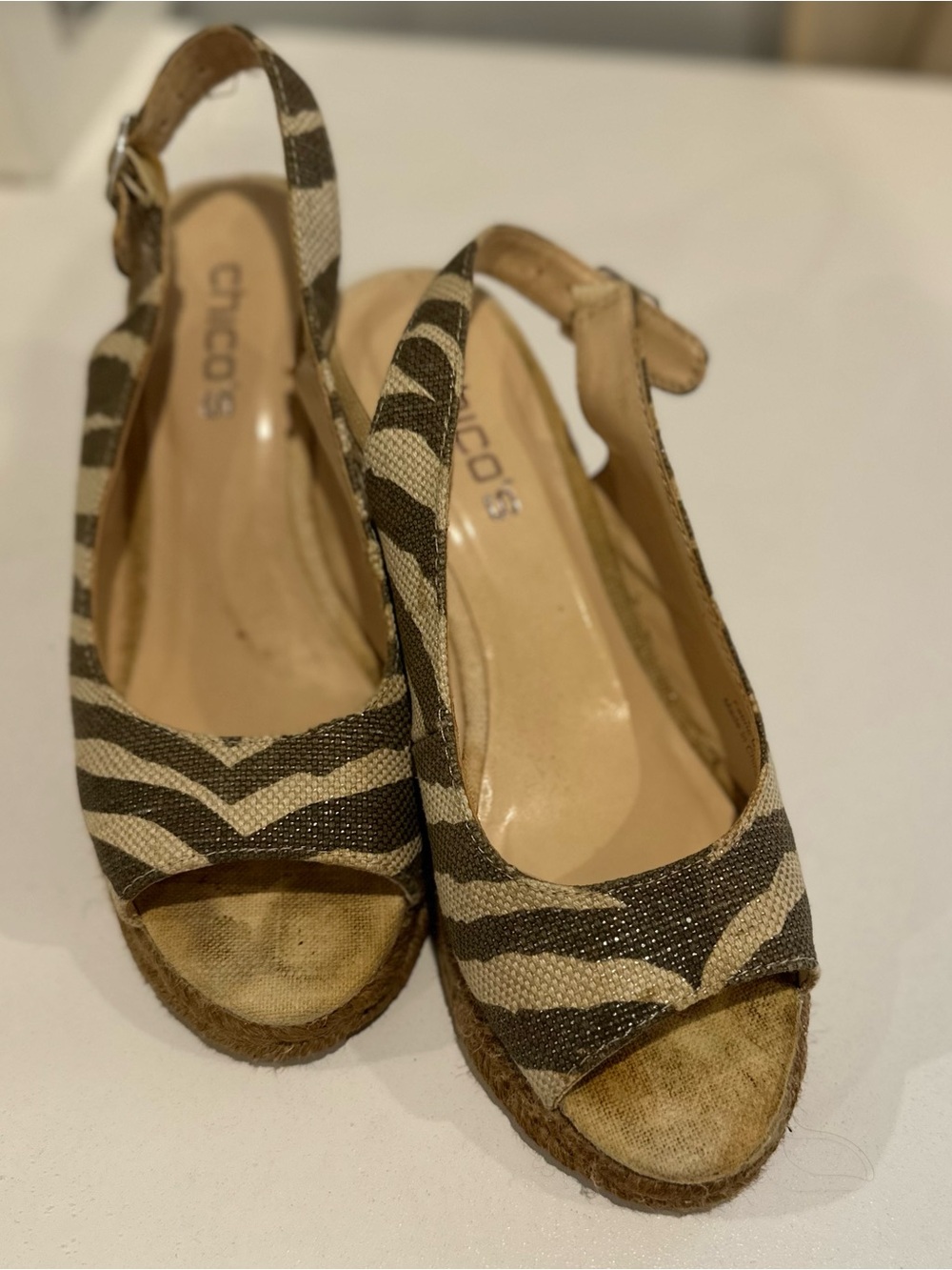 Chico's Beige and Brown Zebra-Print Espadrille Wedge Sandals